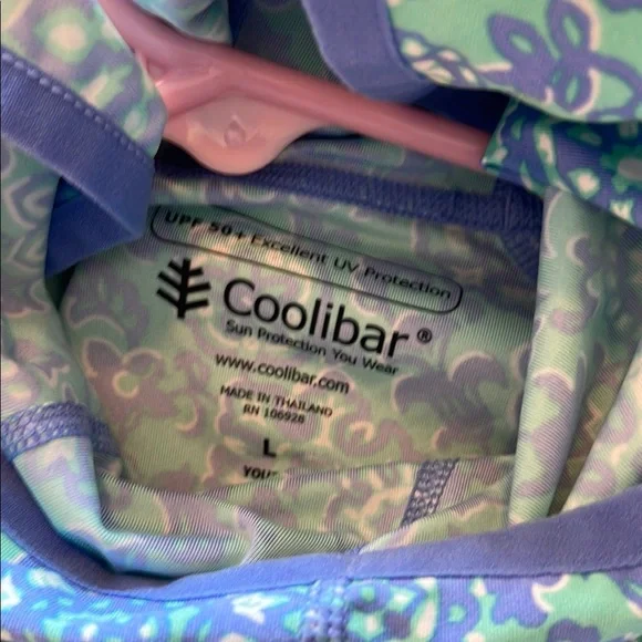 Coolibar SPF Blue and Green Patterned Hooded sun shirt